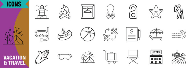 Vacation travel holiday activity icons. tent icon set, airplane icon set, hotel icon set © Potol