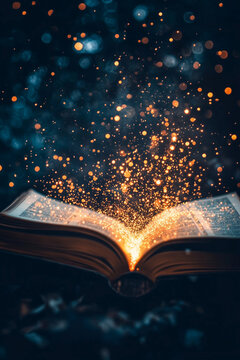 Open book glowing with golden light and sparkles rising from the pages, magical dark background