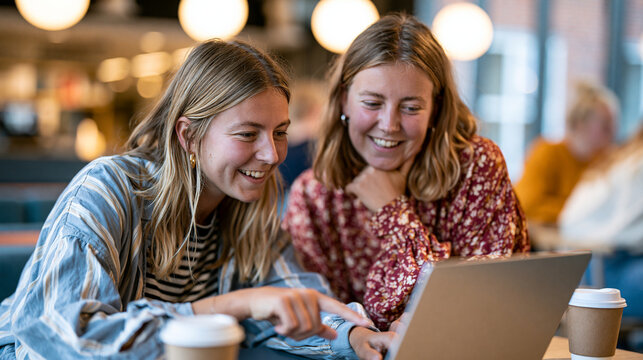 Photorealistic scene of two university students sitting together at a caf&eacute; table looking at a laptop screen together, one pointing at different subscription plan options while the