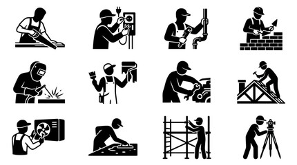 Obraz premium Black and white construction worker icons.