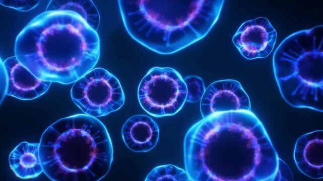 Vibrant glowing abstract cells, microscopic biological background. Science, medicine, biology, healthcare concept.
