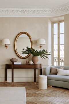 Parisian apartment entryway featuring warm cream walls, elegant wooden console table, decorative mirror, and stylish furnishings with natural light streaming through large windows