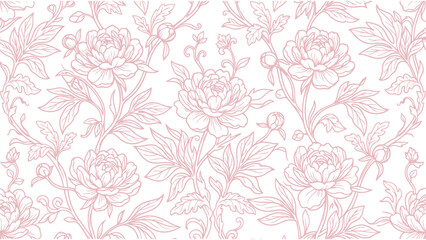 Vintage floral pattern with pink peony line art, elegant botanical wallpaper vector, romantic flower blossom background © @ahmedmaynul