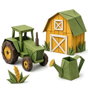Origami paper craft collection featuring green farm tractor rustic barn watering can and wheat stalk on white background