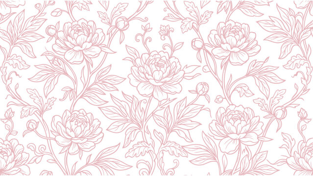 Vintage floral pattern with pink peony line art, elegant botanical wallpaper vector, romantic flower blossom background