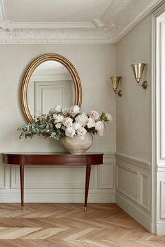 Elegant Parisian apartment hallway featuring warm cream walls, a round mirror, a wooden console table, and a large floral arrangement in a decorative vase
