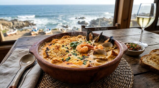 Chilean Chupe de Mariscos seafood stew in bowl on table by ocean view