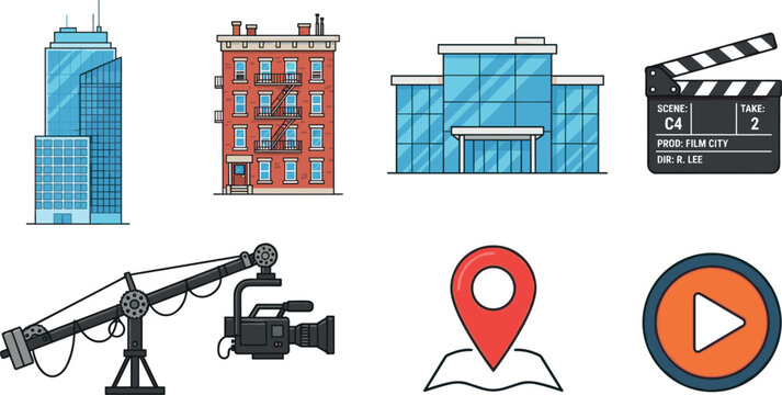Film Location Scouting and City Movie Production Vector Icon Set Featuring Skyscraper Apartment Building Studio Camera Jib Clapperboard Map Pin and Play Button