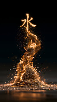 Deep Black Background Rising Gold Flame Hold Luminous Shui Script, Splashing Stardust, Molten Solidified Character Texture, Refined Ritual Light Art, Commercial Visual Asset For Intangible Heritage Ex
