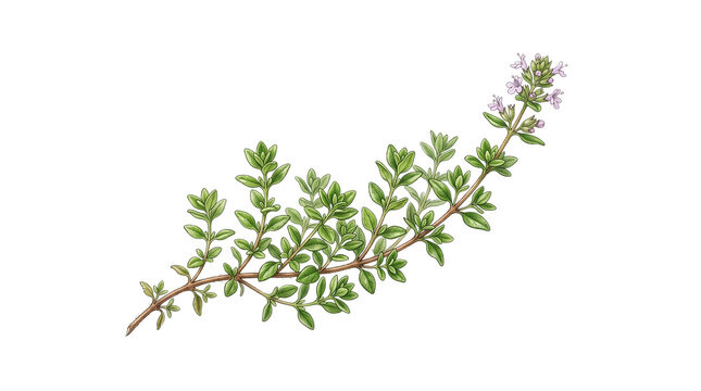 Fresh Sprig of Organic Thyme Herb with Green Leaves and Small Flowers Isolated on White Background for Culinary and Food Design