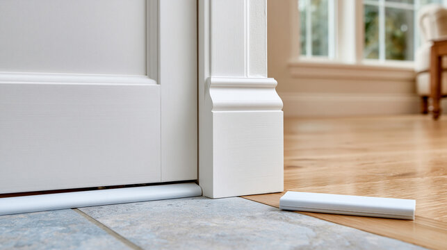 High-resolution photorealistic documentary commercial stock photo of the bottom edge of a residential entry door with a visible gap before installation of a door sweep, a plain rep