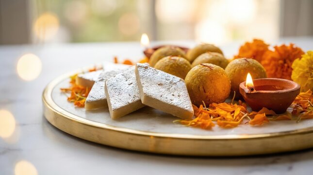Indian sweets and oil lamp on festive plate