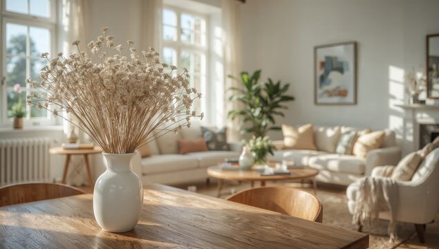 Modern Living Room With a Flower Vase and Natural Light in the Afternoon