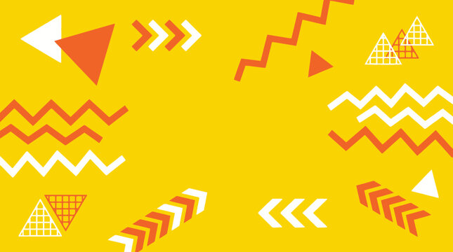 Vibrant geometric shapes dance across a bright yellow background in a lively pattern.