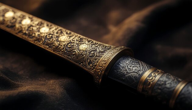Close-up of a legendary Majapahit keris with glowing pamor patterns on an ancient mystical weapon