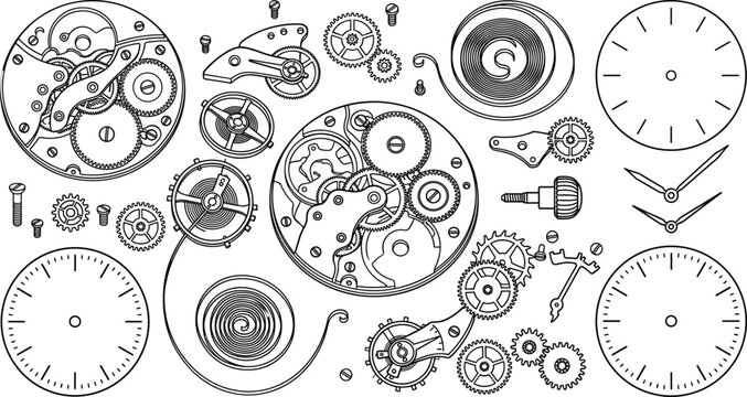 Detailed set of mechanical watch parts including gears springs and clock face components