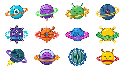 Clean Colorful Cartoon Space Themed Characters with Planetary Rings and Unique Designs with high quality professional line art symbols for modern creative design and digital branding projects © wardani