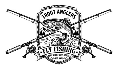 Obraz premium Jumping Trout Fish and Crossed Fishing Rods Monochrome Vector Badge Illustration