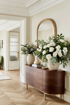 Elegant Parisian apartment hallway featuring warm cream walls, a wooden sideboard, and large floral arrangements in decorative vases, with a mirror reflecting the space