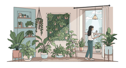 A young woman stands by the window in a room filled with many indoor house plants. © Syaiin