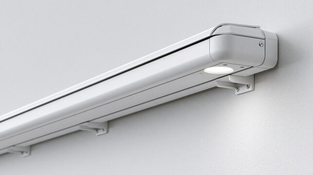 High-resolution photorealistic documentary commercial stock photo of a clean commercial building data cable trunking system running horizontally along a white office wall, neat whi