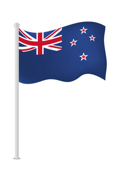 Waving national flag of New Zealand on flagpole, vector illustration isolated on white background