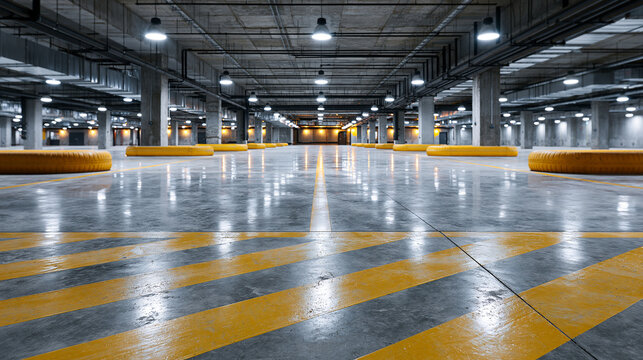 A high-contrast wide-angle commercial shot of an expansive, empty subterranean concrete parking floor. The composition uses yellow painted safety divider lines and heavy rubber whe