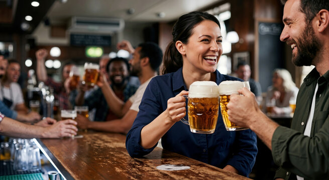Smiling woman and man clinking large beer mugs at a bar. Friends toasting with dimpled glass mugs of lager in a pub. International beer day celebration