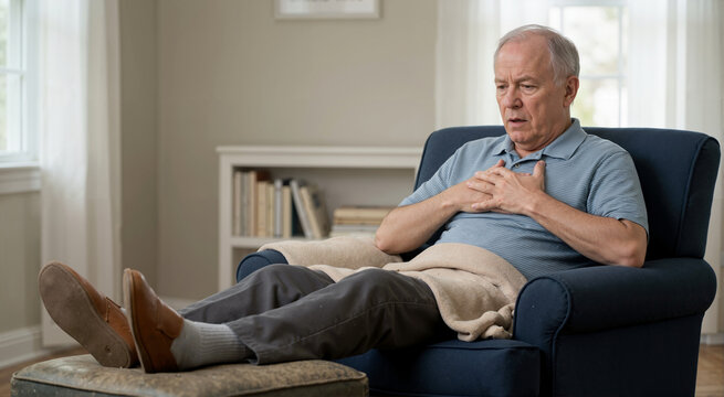 Senior man experiencing breathlessness and chest pain at home. Elderly male patient resting in an armchair with symptoms of chronic heart failure. Cardiac overload and vascular disease concept