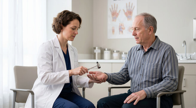 Neurologist testing hand reflexes with hammer. Doctor examining patient in medical office. Clinical neurology assessment