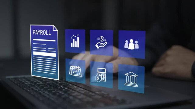 Payroll management concept. Person using laptop with payroll and human resources icons, employee salary processing, compensation management and business accounting.