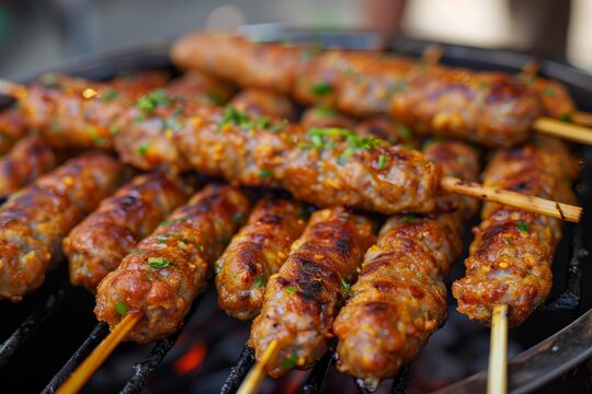 Close up of nem nng grilling on a barbecue, seasoned with spices and herbs, a popular vietnamese street food dish