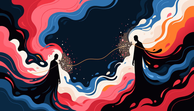 Abstract Mental Health Illustration with Two Female Silhouettes Connected by Colorful Flowing Waves, Emotional Support and Human Connection Concept