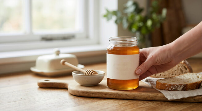 Hand holding a glass jar of golden honey with blank label. Rustic breakfast setup with bread and honey dipper on wooden board. Mockup template