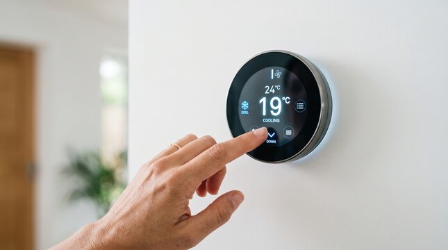Person adjusting modern smart digital thermostat for home climate control