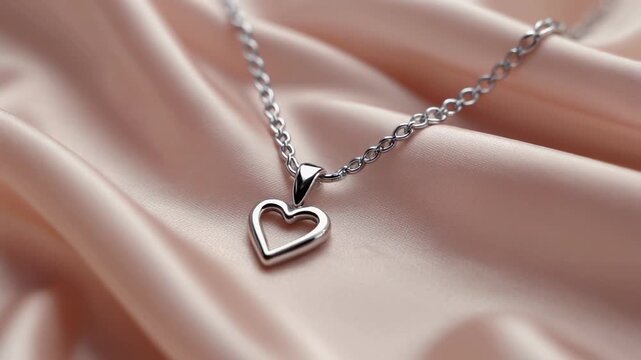 Silver heart necklace pendant resting on soft pink silk fabric, romantic jewelry mockup