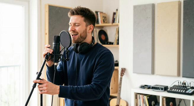 Passionate male singer recording vocals with a microphone in a home studio. Young man with headphones performing a song. Music production concept