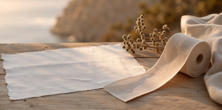 Natural linen fabric roll and swatch on a wooden table. Rustic textile materials with dried flowers in soft sunlight. Craft and sewing concept