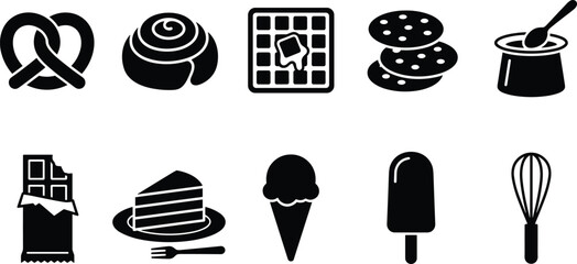 Black Silhouette Dessert and Bakery Icon Set Featuring Pretzel Cinnamon Roll Waffle Cookies Chocolate Cake Ice Cream Cone Popsicle and Whisk
