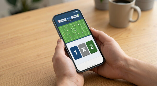 Hands holding a smartphone with a sports betting app interface mockup. Mobile application displaying a football field and 1X2 betting buttons. Online gambling and technology concept