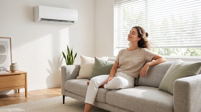 Woman Relaxing on Sofa at Home Under a Modern Air Conditioning System