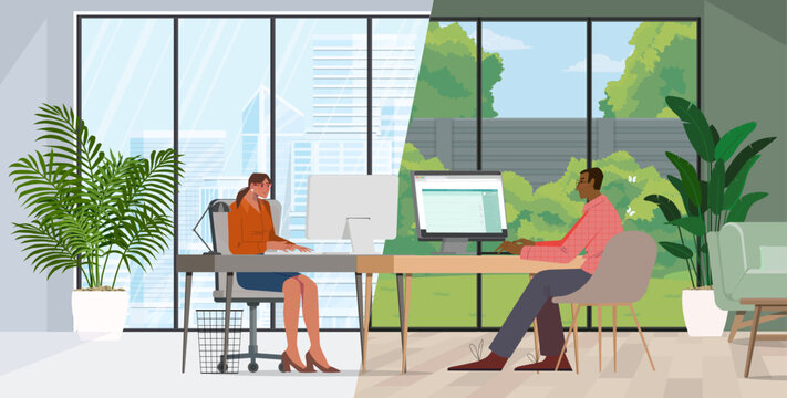 Hybrid work: a person working in the office and remotely from home. Vector illustration.