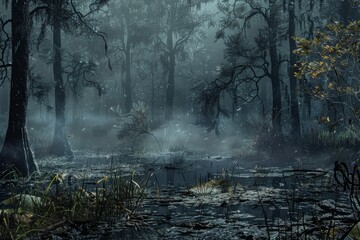 Fototapeta premium Swamp covered in fog and lit by sunbeams filtering through trees in a dark and mysterious forest