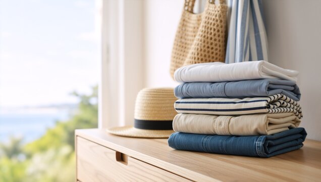 Stack of folded summer clothes on a wooden dresser. Straw hat and woven bag with coastal view. Travel packing and vacation lifestyle concept