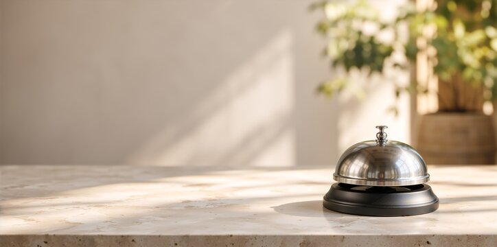 Silver service bell on a marble reception counter. Hotel concierge desk with warm natural light. Hospitality and customer service concept. Copy space for text