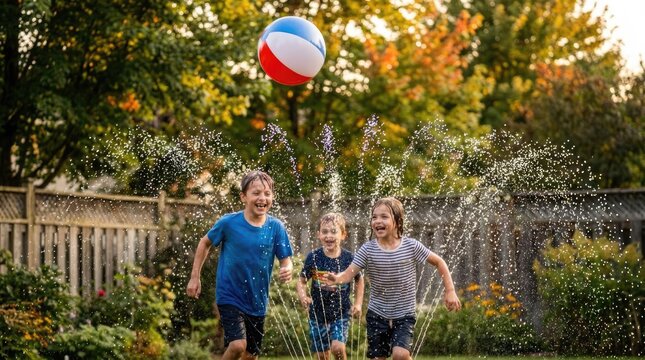 Kids playing with water sprinkler in green backyard.