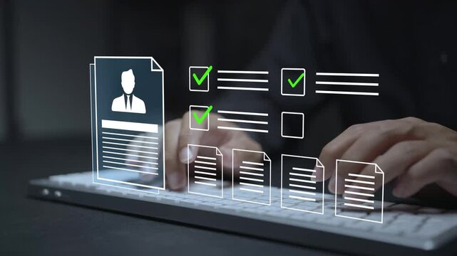 Online assessments and employment forms concept. Person typing keyboard with recruitment and document icons, candidate evaluation, digital hiring and human resources management.