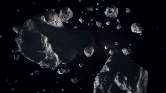 Dense asteroid field in deep space, with numerous hazardous rocky meteoroids and cosmic debris drifting in the dark universe