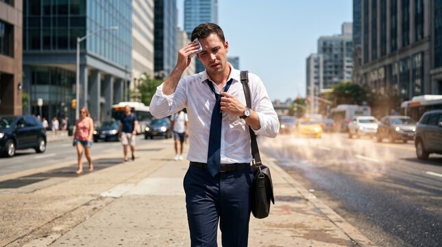 Exhausted Businessman Wiping Sweat While Walking On Hot Sunny City Street