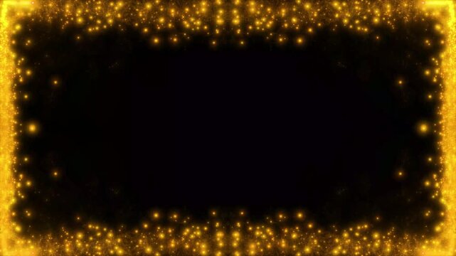 Golden particles moving luxury glittering on frame border, abstract golden sparkle border animation on black screen, beautiful shiny glitter dust particles floating elegantly. 4k video